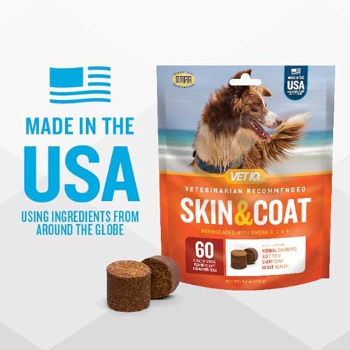 VetIQ Skin and Coat Supplement for Dogs, Helps Maintain Healthy Skin and Shiny Coat, Hickory Smoke Flavor Dog Chew, Made in The USA, 60 Count (Pack of 2)