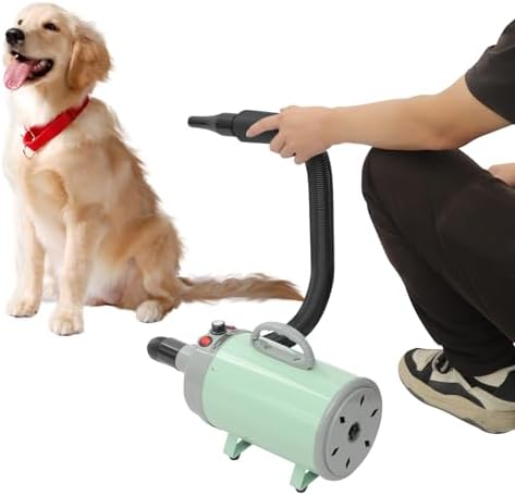 Pet Dryer, 2200W High Velocity Dog Hair Dryer Adjustable Speed and Temperature Control Dog Blow Dryer Low Noise Professional Dog Grooming Dryer with 4 Nozzles Detachable Hose (Grey+Green)