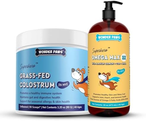 WONDER PAWS Grass-Fed Colostrum Powder Plus Omega Max Fish Oil - for Dog's Immune Support, Skin, Allergies, Joint Care and Overall Health – Colostrum 3.20 Ounces - Omega Max 16 Ounces