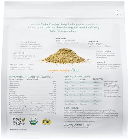 Organic Dog Vitamins with Organic Pumpkin Protein, 4 Lb, 180 Scoops | Daily Dog Multivitamin with Prebiotics, Probiotics for Immune Support, Skin Coat, Digestion, Stool Quality - Canine Complete