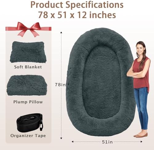 ROOMTEC Human Dog Bed, 78''x51''x12'' Size Fits Adult and Pet Washable Giant People Bed 10 CM Thick Memory Foam Large Oversize Pet Bed with Plump Pillow, Blanket, Strap - Darkgrey