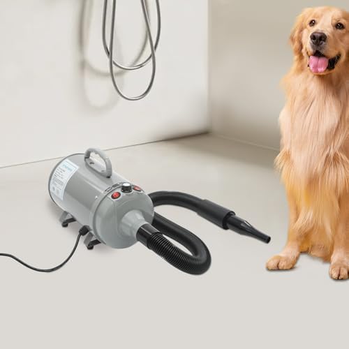 Pet Dryer, 2200W High Velocity Dog Hair Dryer Adjustable Speed and Temperature Control Dog Blow Dryer Low Noise Professional Dog Grooming Dryer with 4 Nozzles Detachable Hose (Gery)