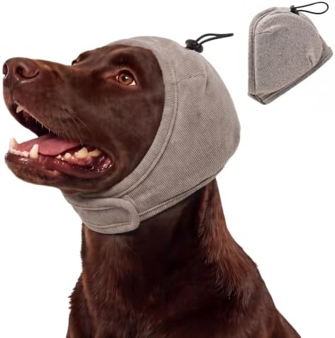 BRKURLEG Dog Ear Cover Noise Protection, Thick Padded Ear Wrap, Taupe, M | Adjustable Calming Hoodie for Anxiety Relief, Anxiety Relief Head Cover, for Firework, Thunderstorm, Grooming & Winter Warmth