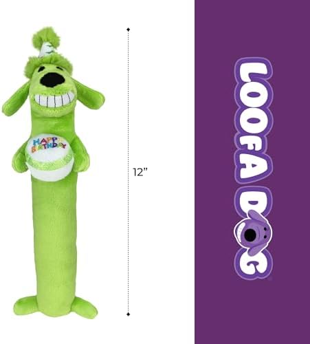 Multipet Loofa Dog Plush Toy w/ Birthday Hat - Squeaky Dog Toy for Dogs - Soft Plush - Stuffed Animal Dog Toys for Playing (1 Count, 12”, Random Color Surprise)
