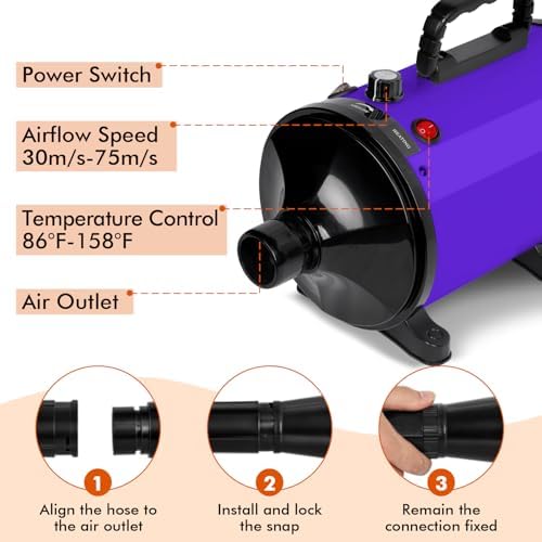 IVY&LANE Dog Hair Dryer for Pet Grooming,High Velocity Dog Dryer Force Blower with 4 Nozzles,Adjustable Speed and Temperature Control Dogs Blow Dryer,Noise Reduction,Purple