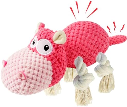 TOOPTATE Hippo Squeaky Dog Toy, Pink, Medium | Cute Plush Design, Rope Legs for Tugging, Helps Keep Dogs Busy, Suitable for Small, Medium, and Large Dogs