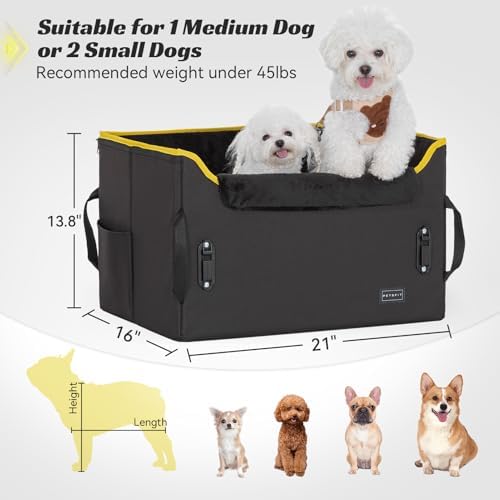 PETSFIT Dog Booster Car Seat, Medium/2 Small Dogs, 2 Safety Leashes, Storage Pockets, Under 45 lbs, Black