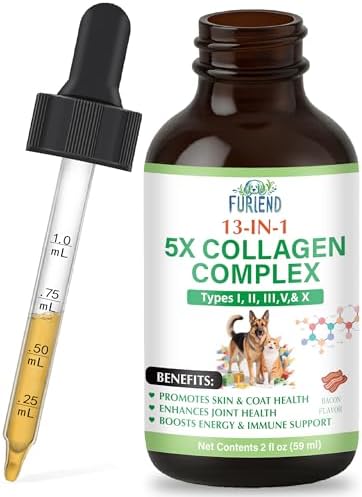 Premium 5X Organic Liquid Collagen for Dogs and Cats | Types I, II, III, V & X Collagen Peptides, MSM and Biotin for Joint, Skin, Coat Health & Immunity | Bacon Flavor 2 fl oz