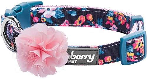 Blueberry Pet Made Well Elegant Floral Print Adjustable Dog Collar in Sleek Black with Pink Artificial Silk Flower, Large, Neck 18"-26"