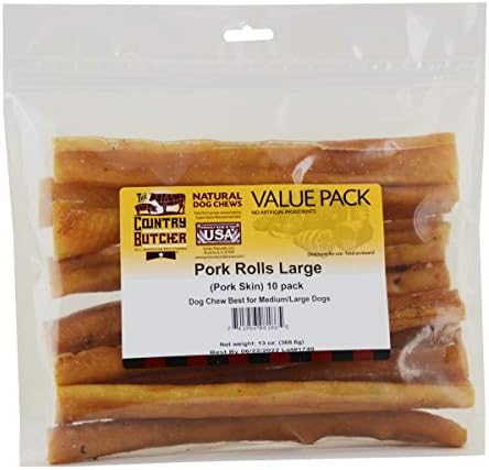 THE COUNTRY BUTCHER Pork Roll Dog Chews, Large Breed Dental Treat, 10 Count