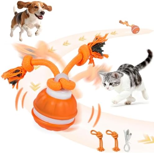 Interactive Dog Toy, Automatic Rolling Ball with Bird Sound, 3 Mode Pet Toy | Smart rolling ball, dental chew rope, Type-C charge, LED indicator, indoor exercise for small medium dogs cats, orange