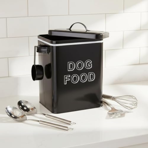 Morezi Metal Dog Food Storage Container Airtight Pet Food Treat Bin 6 lbs, 6 lbs, Carbon Steel, Black