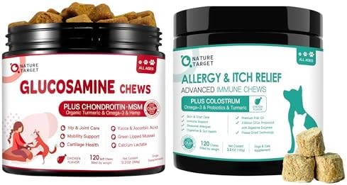 NATURE TARGET Glucosamine for Dogs, Joint Supplement for Dogs with Chondroitin, Dog Allergy Relief Freeze Dried Chews, 120 Chews