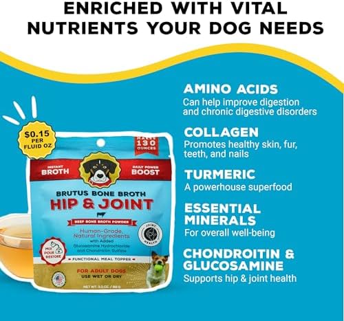 Brutus Broth Dog Food Topper - Instant Bone Broth Powder for Adult Dogs - Supports Hip and Joint Function - Human-Grade Quality, Serve Dry or Wet - Beef Flavor, 3.5 oz (Pack of 1)