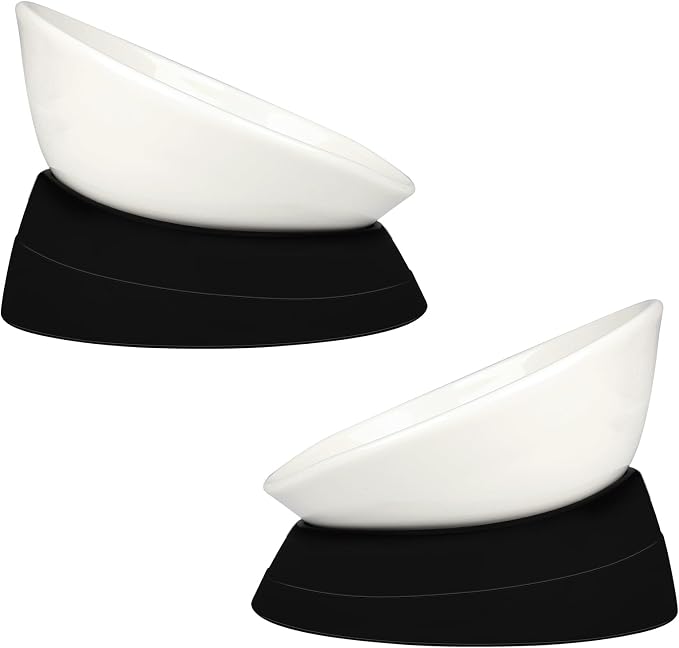 Bulldog Bowl Anti-Slip Dog Cat Dish Detachable Ceramic Pet Sterile Tilted Pet Feeder Slope Base (White Ceramic Bowl, 2 Cup)