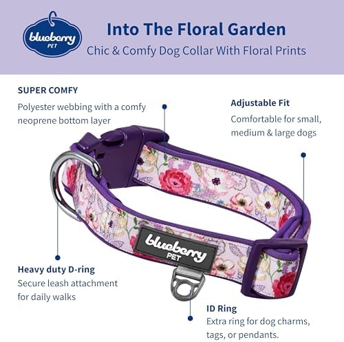 Blueberry Pet Soft & Comfy Peony Flower Print Neoprene Padded Adjustable Dog Collar, Mauve, Small, Neck 12"-16"