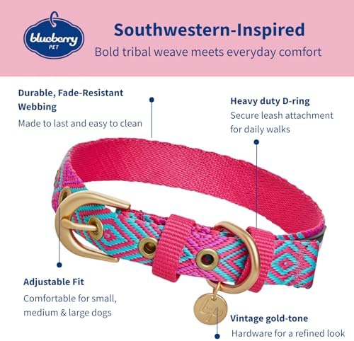Blueberry Pet Southwestern Tribal Lozenges French Pink Adjustable Dog Collar with Metal Buckle, Neck 17-20.5", for Large Breed