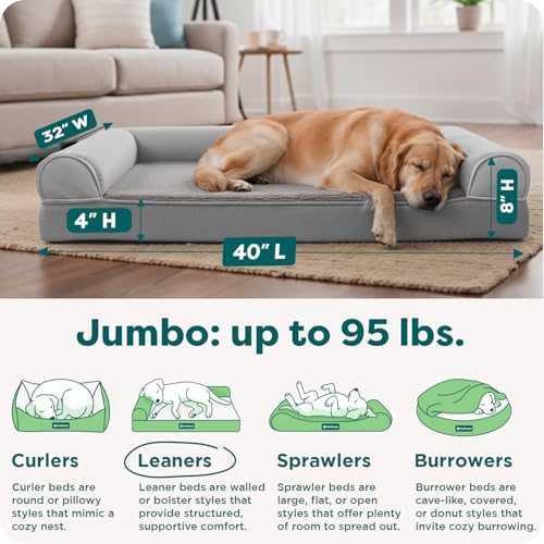 FurHaven Cooling Gel Dog Bed for Large Dogs, L-Shaped Chaise with Cool Gel-Top Foam with a Solid Orthopedic Foam Base for Joint Support, Removable Washable Cover, Jumbo XL, Plush & Suede, Stone Gray