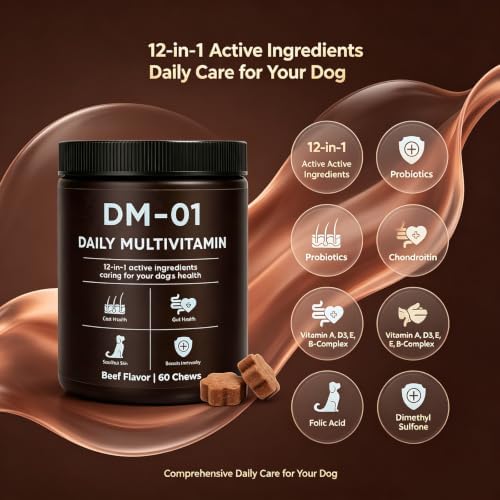 DM-01 Daily Multivitamin for Dogs, 12-in-1 Ingredientscaring for Your Dog's Health, Probiotics, Chondroitin & Vitamins, Skin & Coat, Gut, Hip Support, Beef Flavor, 60 Chews