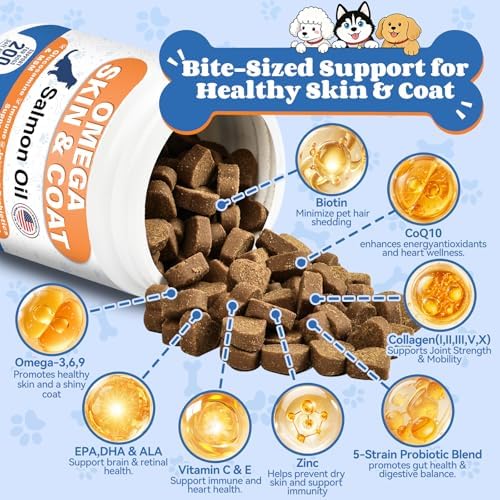 Omega 3 Fish Oil for Dogs - Dog Skin and Coat Chews with EPA DHA, Wild Salmon Oil, Glucosamine, MSM, Collagen- Pet Fish Oil Supplement to Support Gut Joints Heart Eyes Immune, 200 Ct