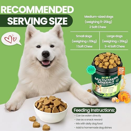 24-in-1 Dog Vitamins and Supplements, Dog Multivitamin Chewable for All Dog | Chondroitin Probiotics Omega-3 Glucosamine for Skin Coat Hip Joint Heart Gut Liver Brain Eye Immune Health,140 Chews Chicken