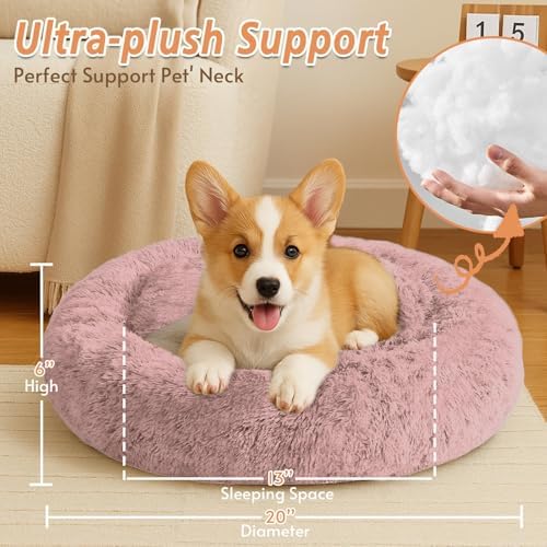 JOLLYVOGUE 20" Calming Donut Dog & Cat Bed, Dark Pink