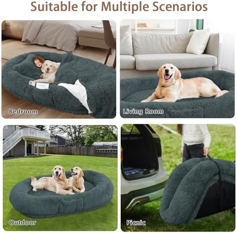 ROOMTEC Human Dog Bed, 78''x51''x12'' Size Fits Adult and Pet Washable Giant People Bed 10 CM Thick Memory Foam Large Oversize Pet Bed with Plump Pillow, Blanket, Strap - Darkgrey