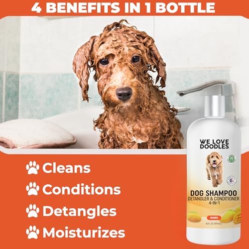 Dog Shampoo, Conditioner & Detangler, Hypoallergenic, Tearless, Mango, 16OZ | For Sensitive Itchy Skin, Hypoallergenic, Tearless, Best Shampoo For Smelly Dogs, Goldendoodle, Poodle & Doodle, Made in USA