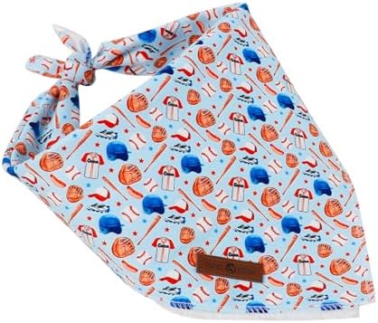 Lionet Paws Summer Blue Baseball Dog Bandana Washable Cotton Handkerchief Scarf Triangle Blue Bandana, Large (Pack of 1), Medium, Blue