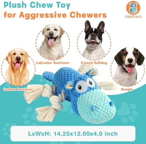 TOOPTATE Hippo Squeaky Dog Toy, Blue, Large | Cute Plush Design, Rope Legs for Tugging, Helps Keep Dogs Busy, Suitable for Small, Medium, and Large Dogs
