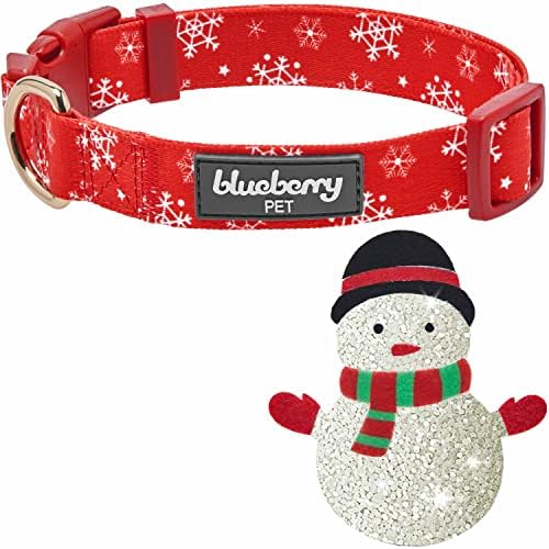Blueberry Pet Festive Christmas Snowflake Dog Collar, Large Adjustable 18"-26", Holiday Glitter Fabric Collar with Detachable Snowman Décor for Big Dogs