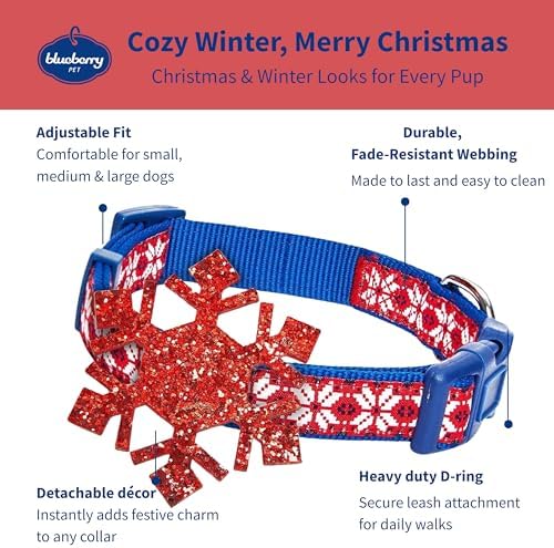 Blueberry Pet Small Christmas Dog Collar – Snowflakes Designer Collar with Bow, 12"-16" Neck, Eco-Friendly Glitter Décor for Holiday Pets