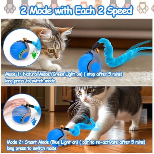Mity rain Interactive Cat Toy Ball, Rechargeable Cat Toys for Indoor Cats | with Feather Tails for Kittens Chasing, Motion Activated Ball for Enrichment, Automatic Rolling Toys to Keep Them Busy Blue