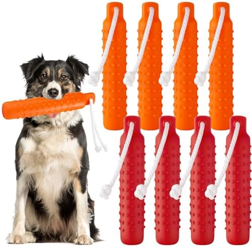 Blueweenly Orange and Red Dog Bumper Toy Training Dummy, 8 Pcs | Plastic Lightweight Floats on Water, Textured with Rope for Fetch, Pool Outdoor Retrieving, Summer Water Play