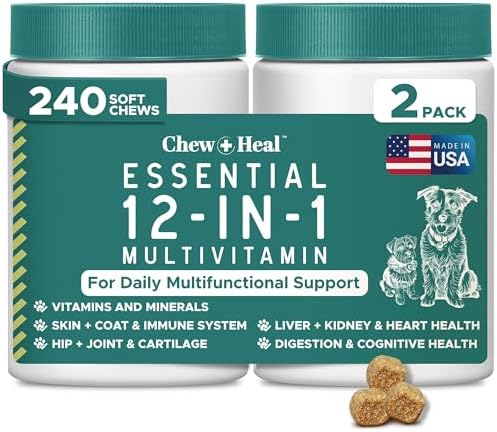 12-in-1 Dog Vitamin and Supplement Chews, 240 Ct - Senior and Puppy Vitamin | Glucosamine Chondroitin, Probiotics, Omega 3 - Hip & Joint, Skin & Coat, Immune, Digestive Support - Vitaminas Para Perros