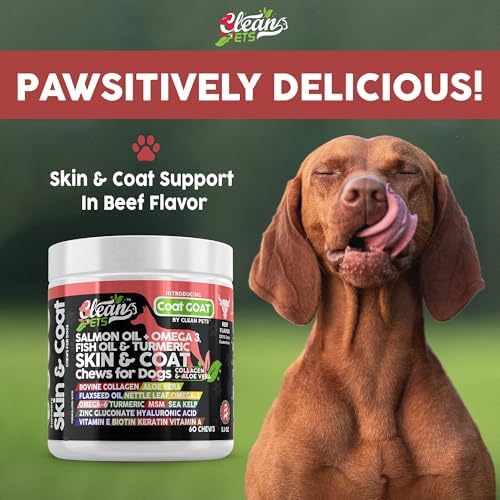 Clean Pets Salmon Oil Omega 3 Fish Oil for Dogs Skin and Coat Supplement | Dog Collagen Aloe Vera Biotin Keratin Flaxseed Nettle Leaf Sea Kelp Hyaluronic Acid Brewers Yeast Vitamin A - Coat Goat