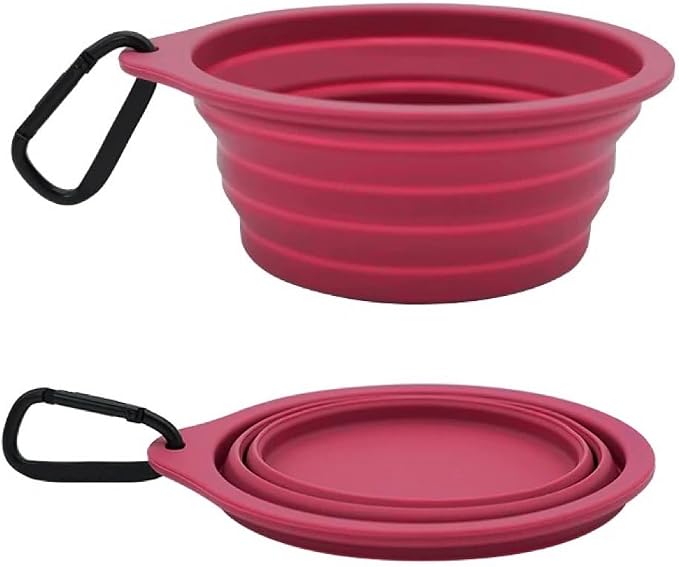 Collapsible Travel Pet Bowl with Carabiner, Red
