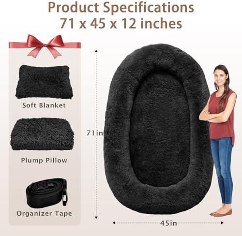 ROOMTEC Human Dog Bed, 71''x45''x12'' Size Fits Adult Pet Washable Oversize People Bed 10 CM Thick Memory Foam Large Giant Pet Bed with Plump Pillow, Blanket, Strap - Black