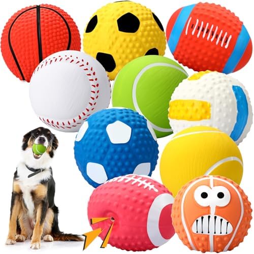 Gemscream 10 Pack 2.4" Squeaky Latex Dog Toys for Small Medium Puppy | Soft Rubber Bouncy Chew Ball, Interactive Dog Toys with Football Soccer Volleyball Basketball Tennis Baseball, Outdoor