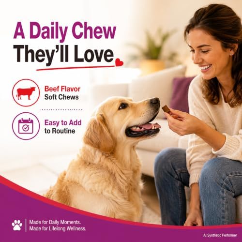11 in 1 Dog Multivitamin Soft Chews, Daily Vitamins for Dogs with Glucosamine, Probiotics, Salmon Oil, Omega Fatty Acids, Hip & Joint Support, Skin & Coat Care, Gut Health Nutrition, Beef Flavor