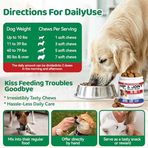 Dog Hip & Joint Supplement – 25-in-1 Glucosamine Chews for Dogs, Chicken Flavor – with MSM, Green Lipped Mussel, Turmeric, Yeast, Omegas & Vitamins – Mobility Support for All Breeds & Ages, 200 ct
