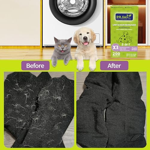 Dr.Easy LINT & HAIR REMOVER Pet HUGESHEETS with 3X Dryer Sheets, Lavender Fresh, 200 Count,PLANT&MINERAL-BASED FORMULA