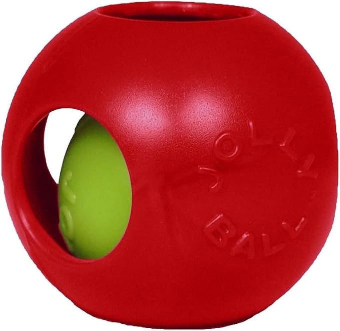 Jolly Pets Teaser Ball Interactive Dog Toy, 4.5 in Small, Red | Ball-within-a-ball puzzle toy that floats - add peanut butter to the inner ball for extra fun