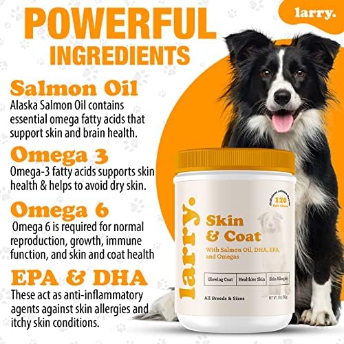 Larry Salmon Oil Dog Chews Skin Coat Omega 3 120 Count | Itchy Skin Allergy Relief, DHA EPA, Bone Joint Health, All Breeds Sizes