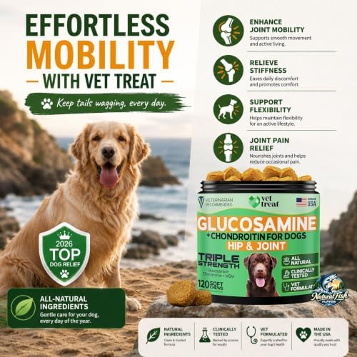 Glucosamine for Dogs – Dog Joint Supplement with Chondroitin, MSM, Turmeric & Hemp Seed Oil – Hip and Joint Supplement for Dogs, Mobility Support, Senior Dog Joint Chews – Made in USA – 120 Soft Chews