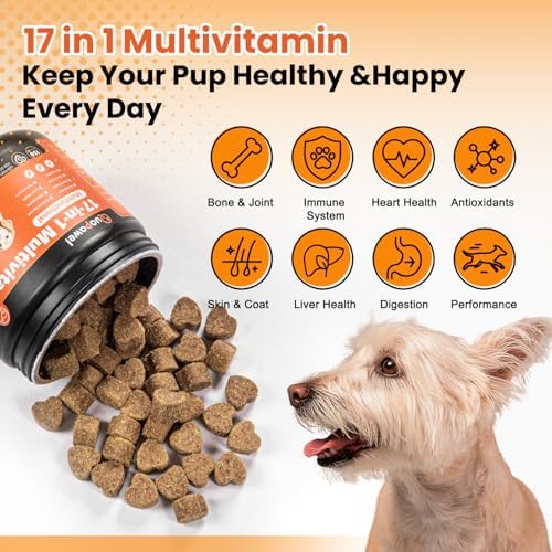 17 in 1 Dog Vitamins and Supplements，Dog multivitamin，Dog probiotics- VE, VC, and 6 B Vitamins, Immune & Joint Support for Dogs, All Breeds & Ages, Chicken Flavor, 150 Ct