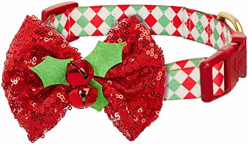 Blueberry Pet Holiday Christmas Dog Collar, Small 12"-16" Neck, Adjustable Eco-Friendly Collar with Bowtie & Glitter Décor for Small Dogs