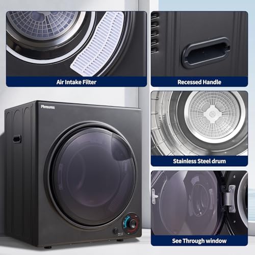 Portable Dryer for Laundry 3.5 cu.ft, 1500W Compact Dryer for Apartment, Front Load Laundry Dryer Machine with Stainless Steel Tub & 4 Automatic Drying Mode, RVs, Dorms, Black