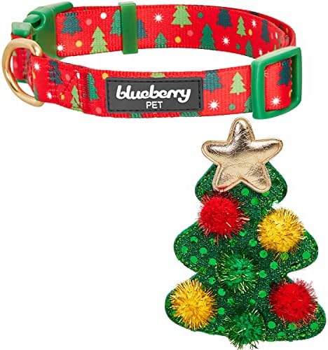 Blueberry Pet Small Christmas Tree Dog Collar – Adjustable 12"-16" Neck, Eco-Friendly High-Density Polyester, Festive Glitter Fabric