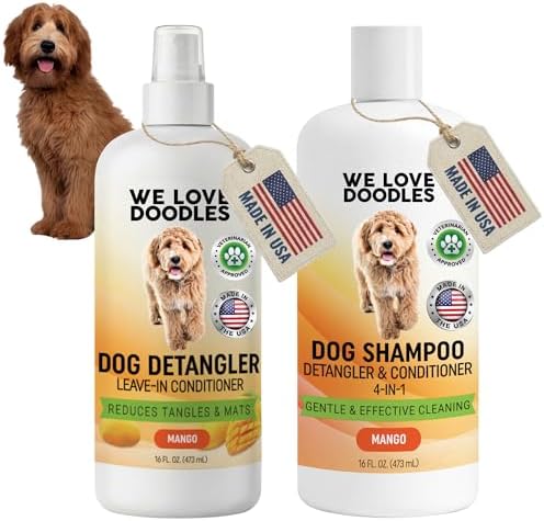 Dog Shampoo & Dog Detangler Spray, Tearless, Dog Bath Supplies, Mango 16 oz | Best Shampoo, Detangling & Dematting Spray for Dogs, For Sensitive Itchy Skin, Tangle Remover, Goldendoodle, Poodle & Doodle